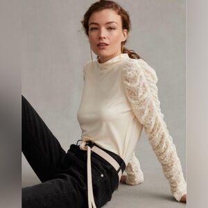 Anthropologie Maeve Blouse Lace Ruched Sleeve Ivory Women Size LP